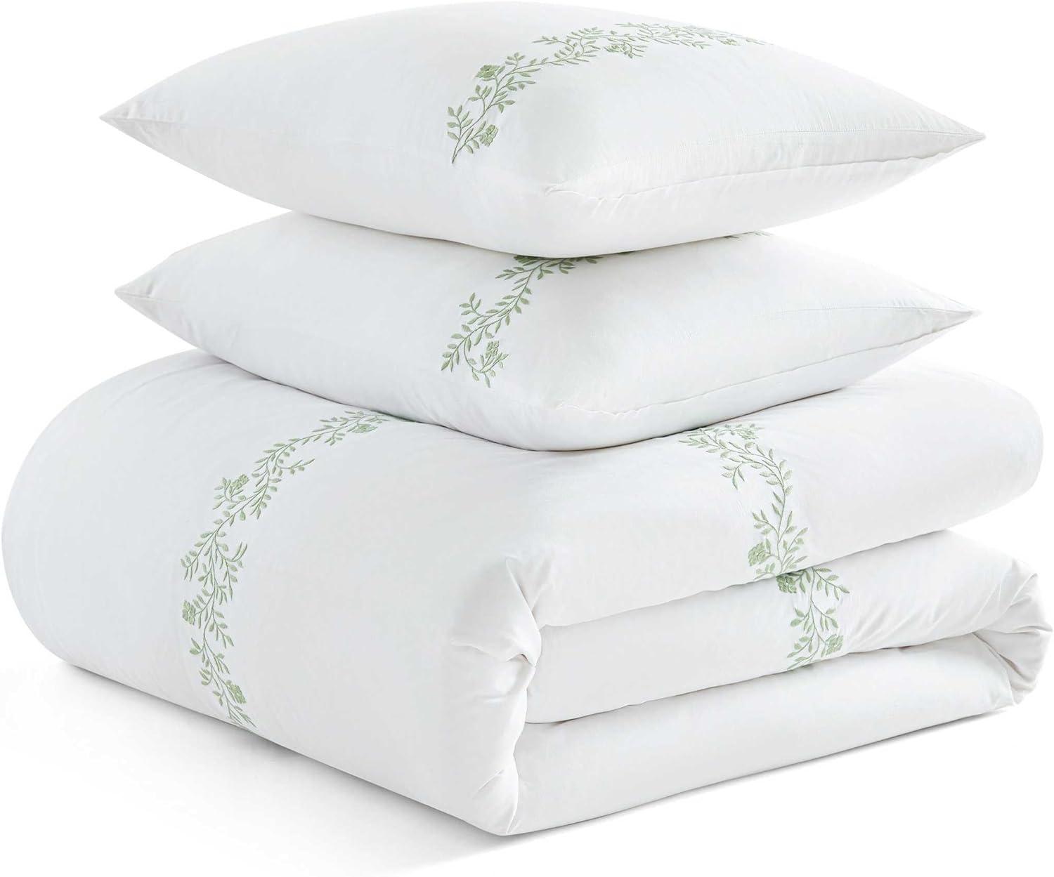 image:imageMartha Stewart Queen Comforter Set Naturally Soft CottonRich Jacquard Bedding wMatching Pillowcases Textured 3 Piece Bed Set Garden Trellis WhiteGarden Path Embroidery Green