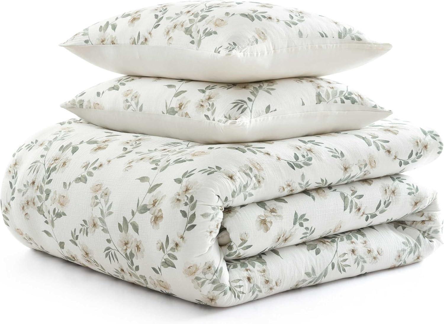 image:imageMartha Stewart Queen Comforter Set Naturally Soft CottonRich Jacquard Bedding wMatching Pillowcases Textured 3 Piece Bed Set Garden Trellis WhiteHazel Floral Beige