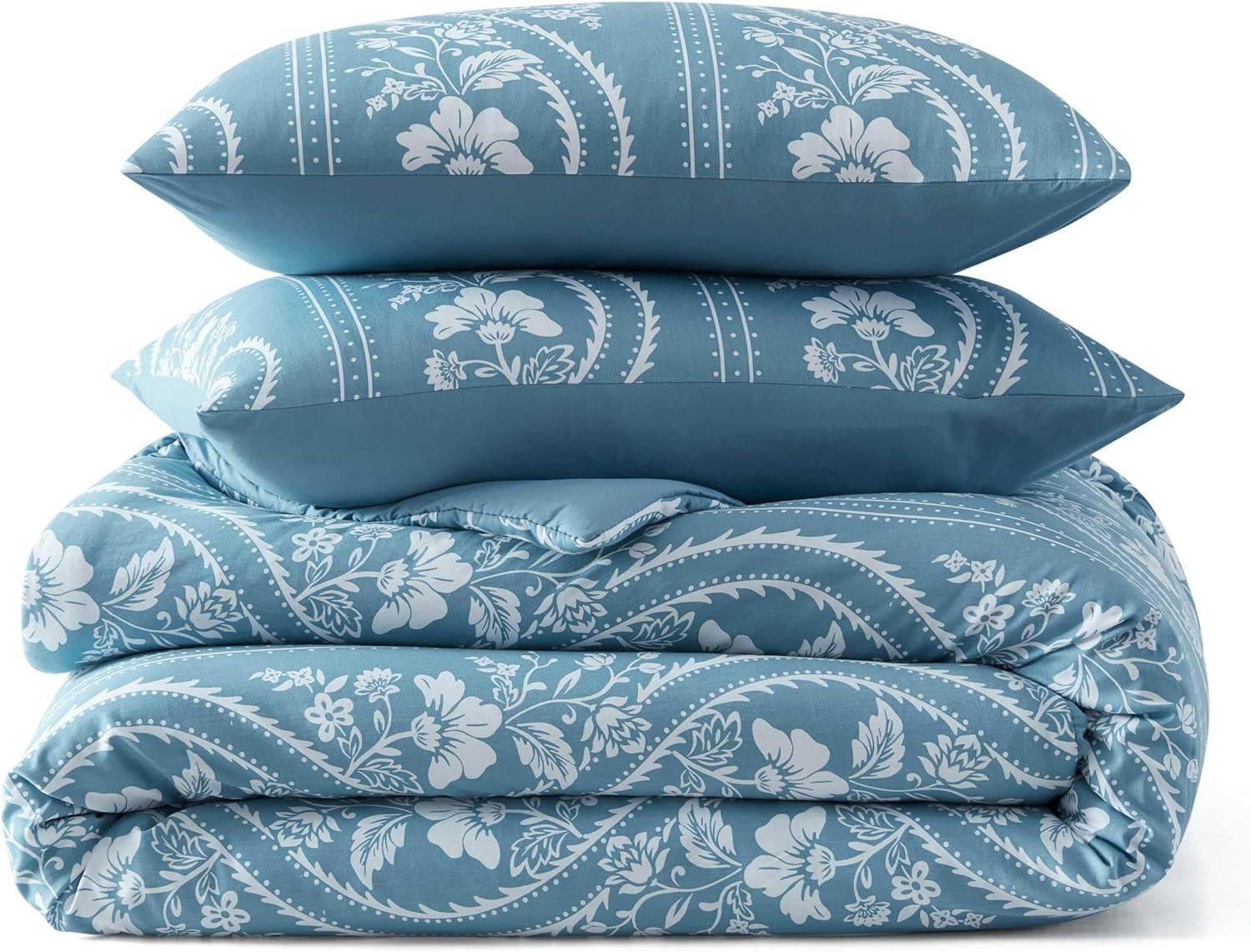image:imageMartha Stewart Queen Comforter Set Naturally Soft CottonRich Jacquard Bedding wMatching Pillowcases Textured 3 Piece Bed Set Garden Trellis WhiteSophia Stripe Blue