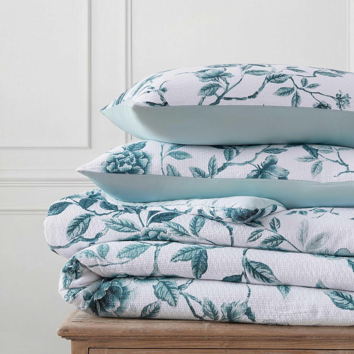 image:imageMartha Stewart Queen Comforter Set Naturally Soft CottonRich Jacquard Bedding wMatching Pillowcases Textured 3 Piece Bed Set Garden Trellis WhiteVivian Floral Blue