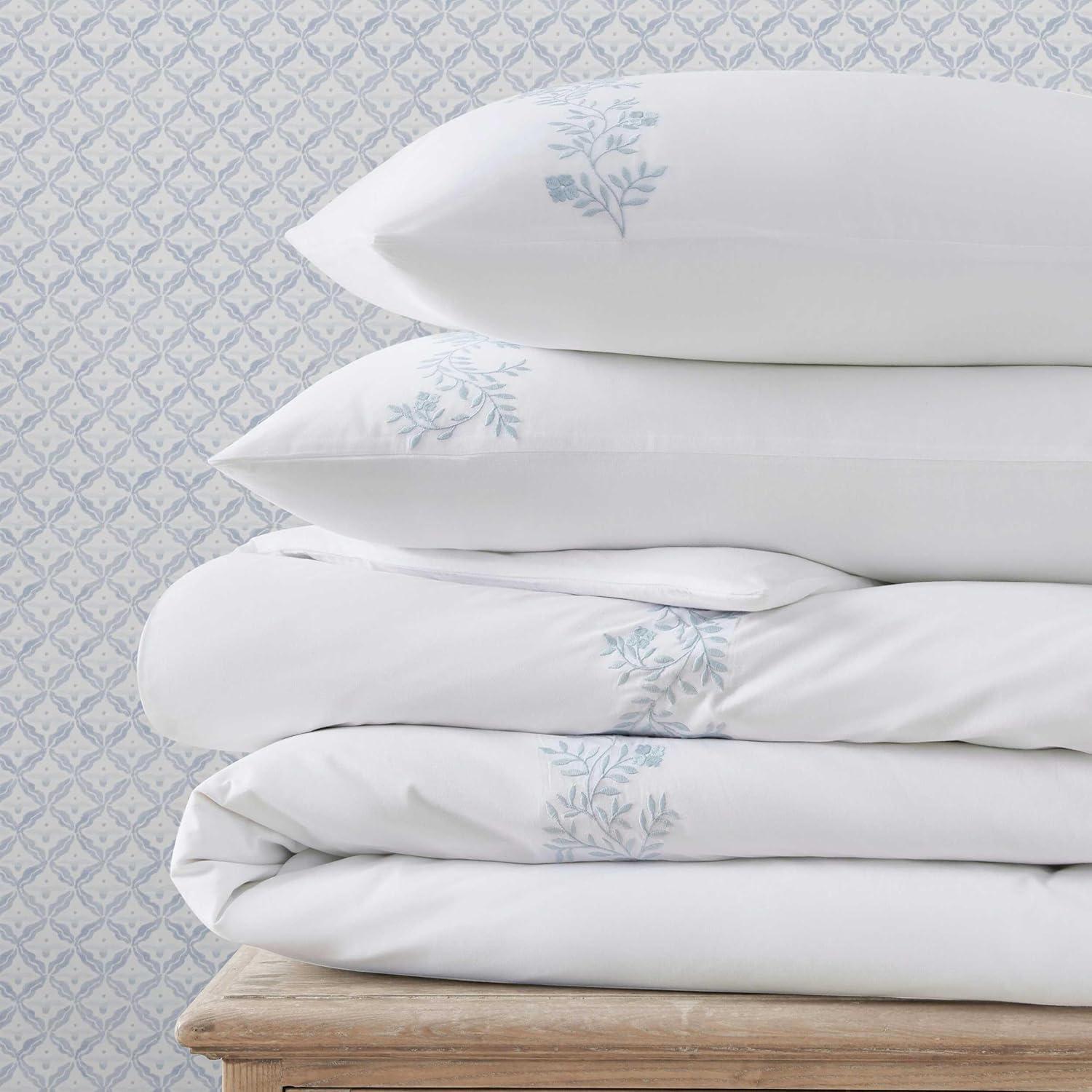 image:imageMartha Stewart Queen Duvet Cover Set Crisp amp Smooth Bedding with a Cotton Percale Lightweight Feel Reversible 3 Piece Bed Set with Matching Pillowcases Simple Scallop BlueGarden Path Embroidery Blue