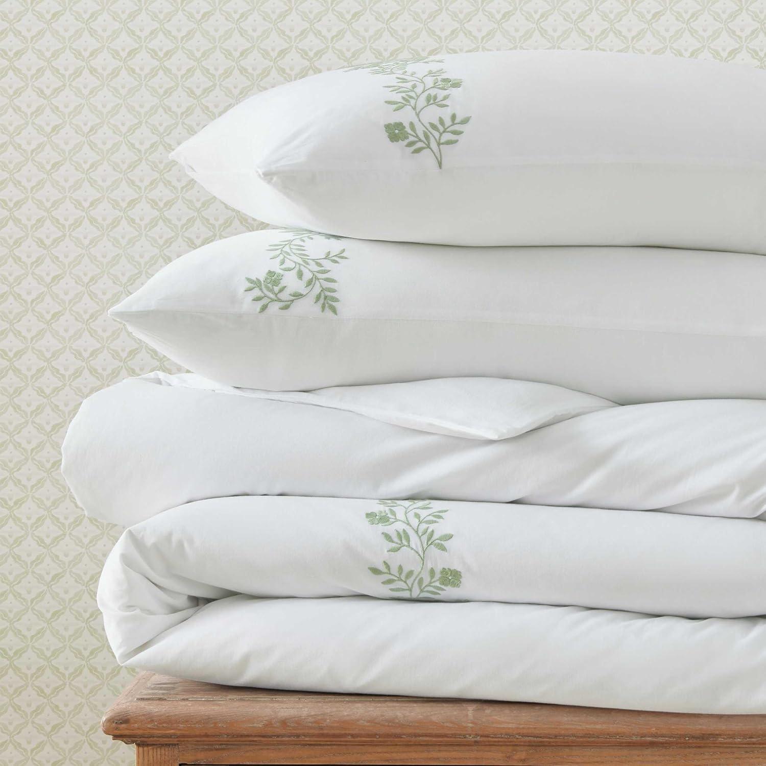image:imageMartha Stewart Queen Duvet Cover Set Crisp amp Smooth Bedding with a Cotton Percale Lightweight Feel Reversible 3 Piece Bed Set with Matching Pillowcases Simple Scallop BlueGarden Path Embroidery Green
