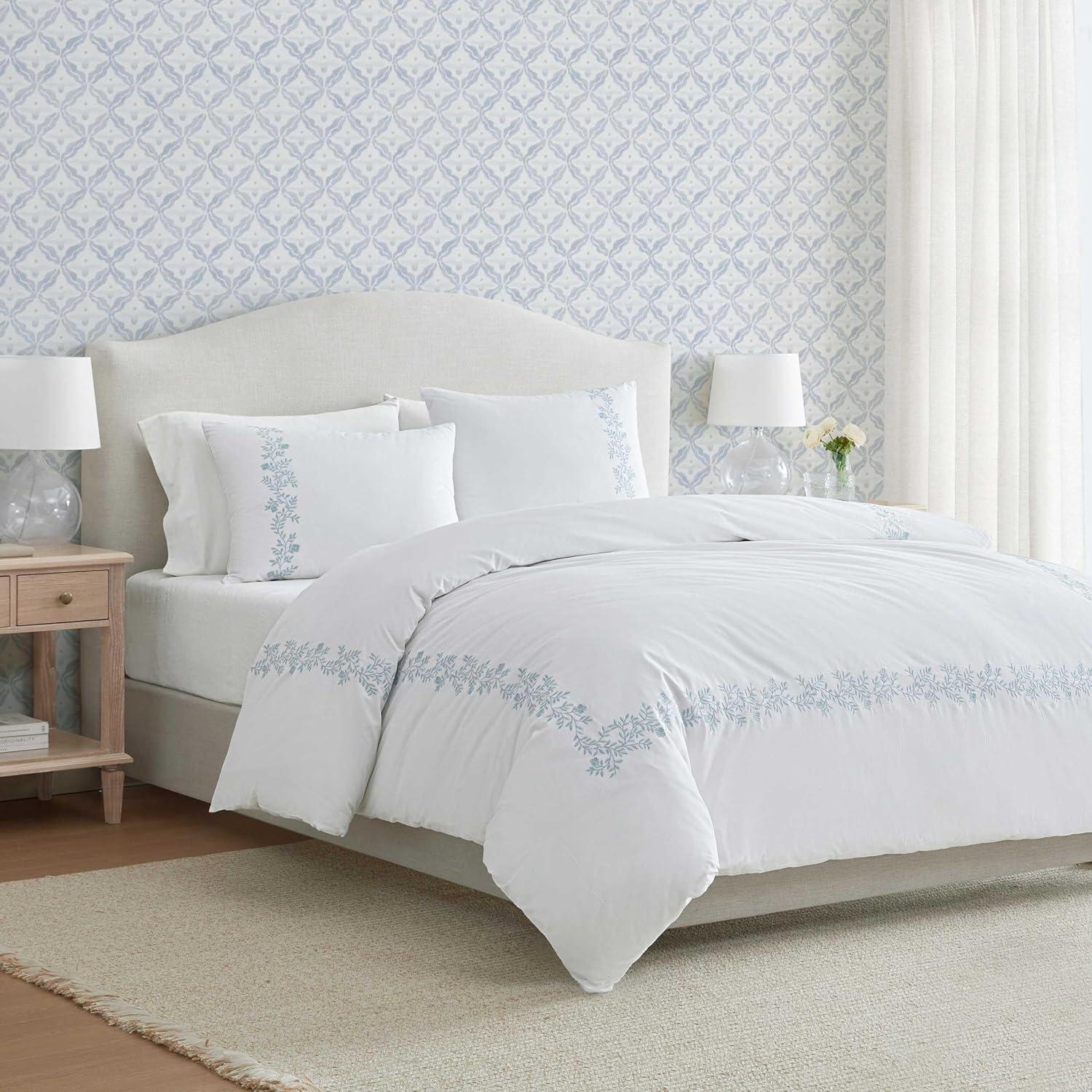 image:imageMartha Stewart Queen Duvet Cover Set Crisp amp Smooth Bedding with a Cotton Percale Lightweight Feel Reversible 3 Piece Bed Set with Matching Pillowcases Simple Scallop BlueGarden Path Embroidery Blue