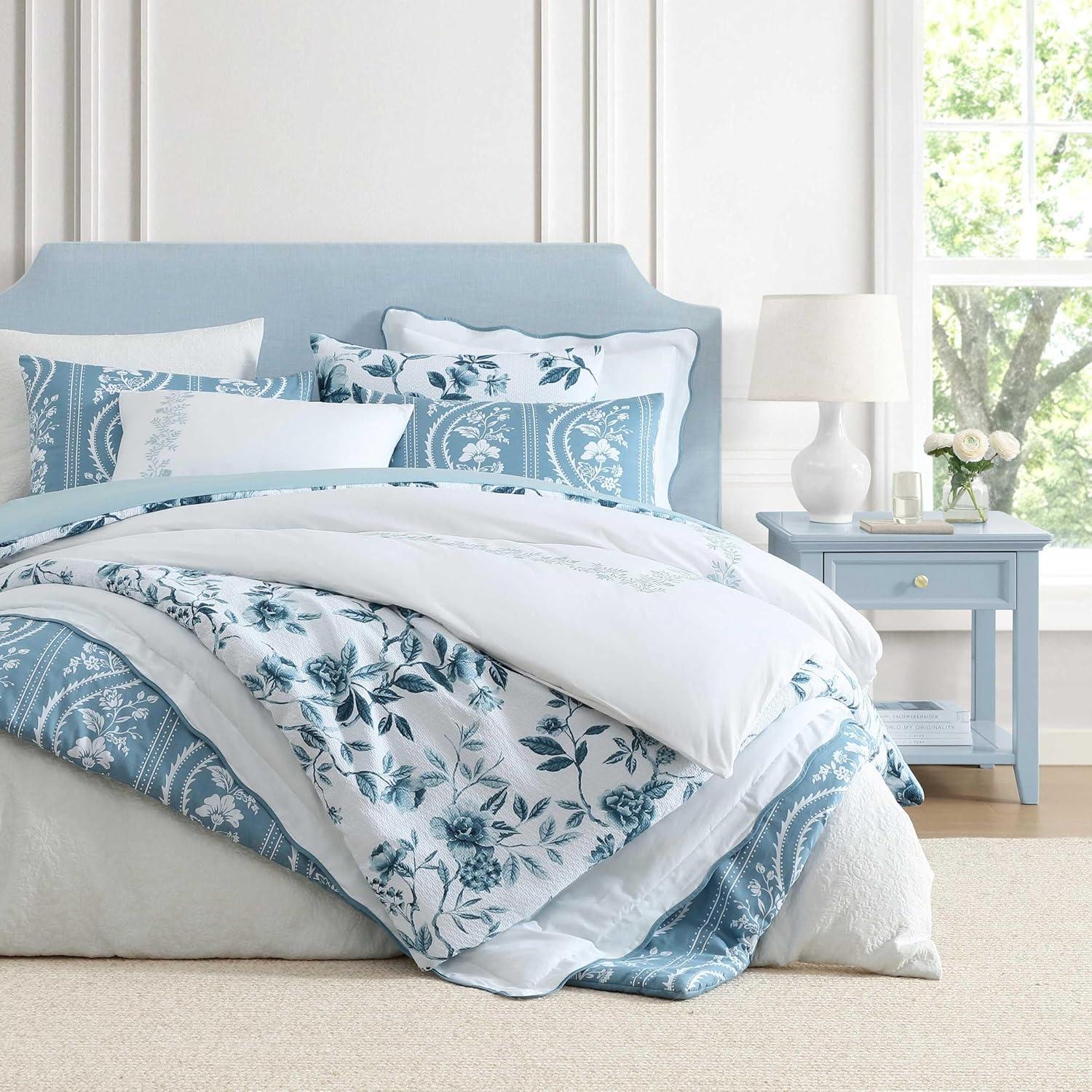 image:imageMartha Stewart Queen Duvet Cover Set Crisp amp Smooth Bedding with a Cotton Percale Lightweight Feel Reversible 3 Piece Bed Set with Matching Pillowcases Simple Scallop BlueGarden Path Embroidery Blue