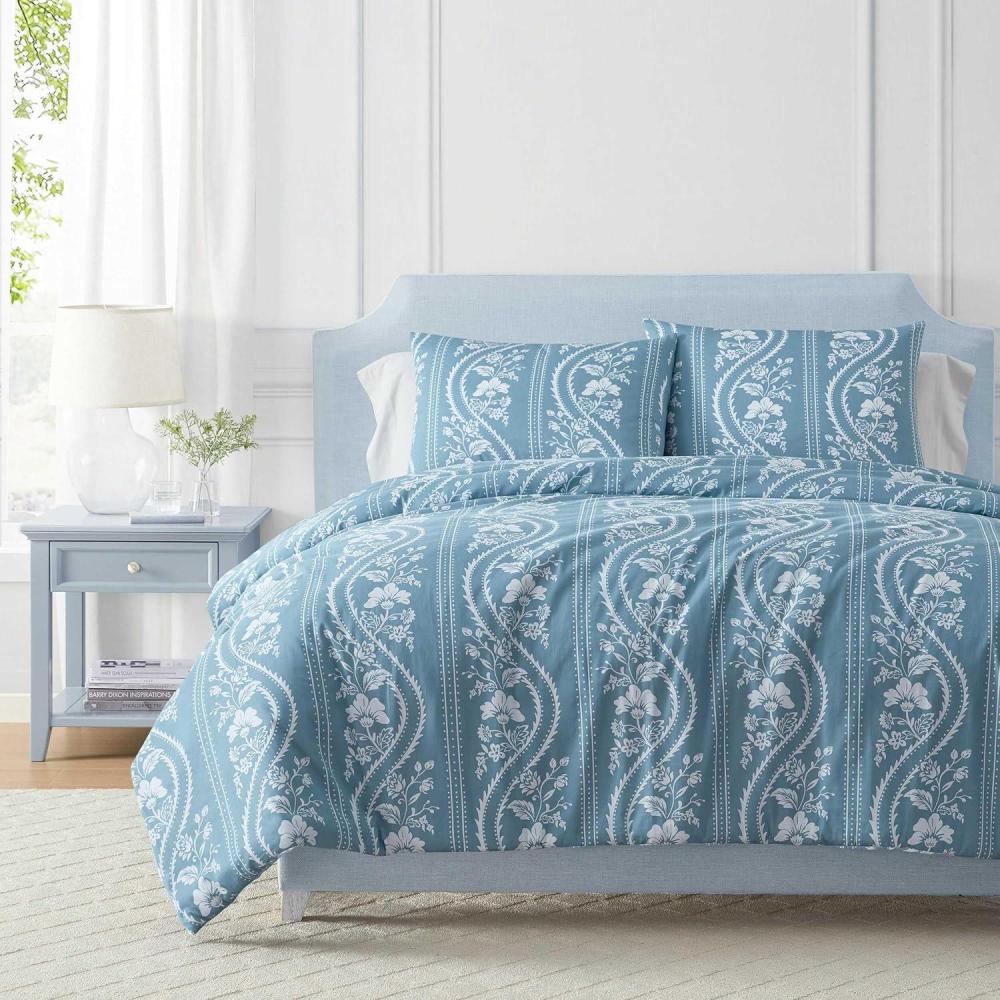 image:imageMartha Stewart Queen Duvet Cover Set Crisp amp Smooth Bedding with a Cotton Percale Lightweight Feel Reversible 3 Piece Bed Set with Matching Pillowcases Simple Scallop BlueElosie Floral Grey