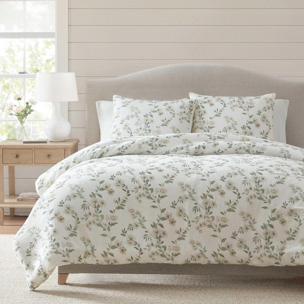 image:imageMartha Stewart Queen Duvet Cover Set Crisp amp Smooth Bedding with a Cotton Percale Lightweight Feel Reversible 3 Piece Bed Set with Matching Pillowcases Simple Scallop BlueHazel Floral Beige