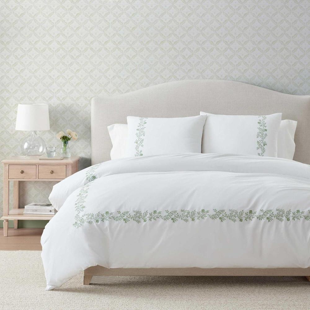 image:imageMartha Stewart Queen Duvet Cover Set Crisp amp Smooth Bedding with a Cotton Percale Lightweight Feel Reversible 3 Piece Bed Set with Matching Pillowcases Simple Scallop BlueGarden Path Embroidery Green