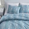 Martha Stewart – Queen Comforter Set, Naturally Soft Cotton-Rich Jacquard Bedding w/Matching Pillowcases, Textured 3 Piece Bed Set (Garden Trellis White)(Sophia Stripe Blue)
