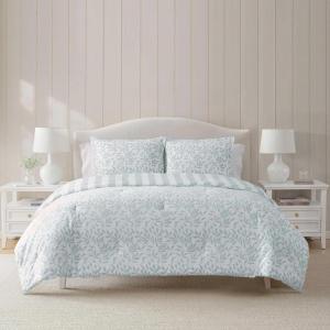 Martha Stewart – Queen Comforter Set, Naturally Soft Cotton-Rich Jacquard Bedding w/Matching Pillowcases, Textured 3 Piece Bed Set (Garden Trellis White)(Copper Vines Blue)