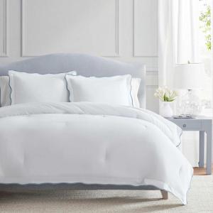 Martha Stewart – Queen Comforter Set, Naturally Soft Cotton-Rich Jacquard Bedding w/Matching Pillowcases, Textured 3 Piece Bed Set (Garden Trellis White)(Simple Scallop Blue)