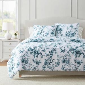 Martha Stewart – Queen Comforter Set, Naturally Soft Cotton-Rich Jacquard Bedding w/Matching Pillowcases, Textured 3 Piece Bed Set (Garden Trellis White)(Vivian Floral Blue)