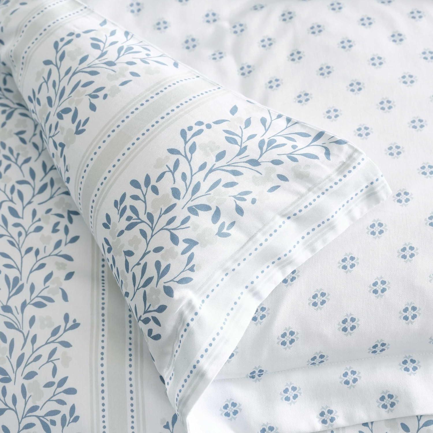 image:imageMartha Stewart Queen Comforter Set 100 Silky Smooth Cotton Sateen Floral Bedding for Year Round Comfort 3 Piece Bed Set with Matching Pillowcases Tea Rose PinkVerbena Stripe Blue