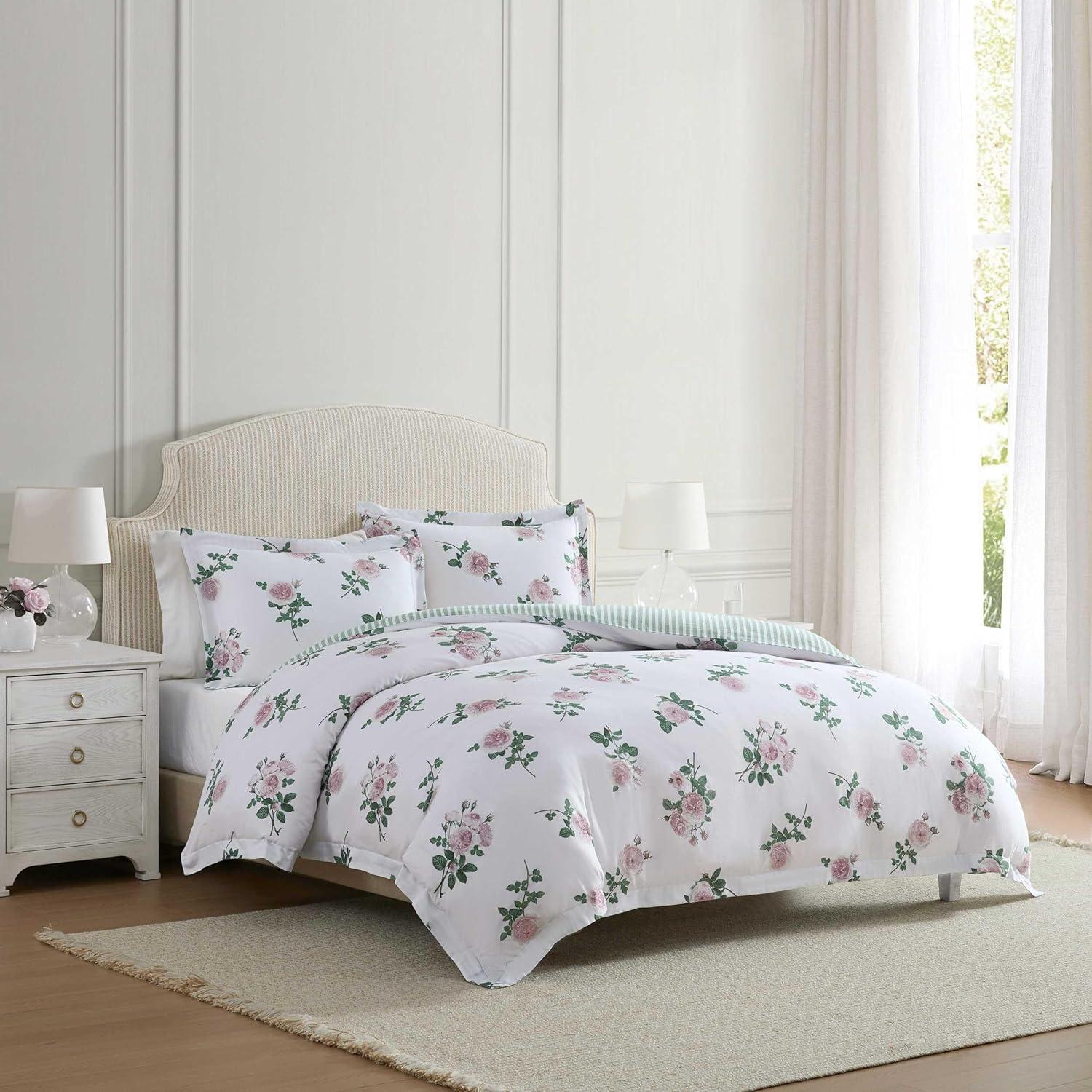 image:imageMartha Stewart Queen Comforter Set 100 Silky Smooth Cotton Sateen Floral Bedding for Year Round Comfort 3 Piece Bed Set with Matching Pillowcases Tea Rose PinkTea Rose Pink