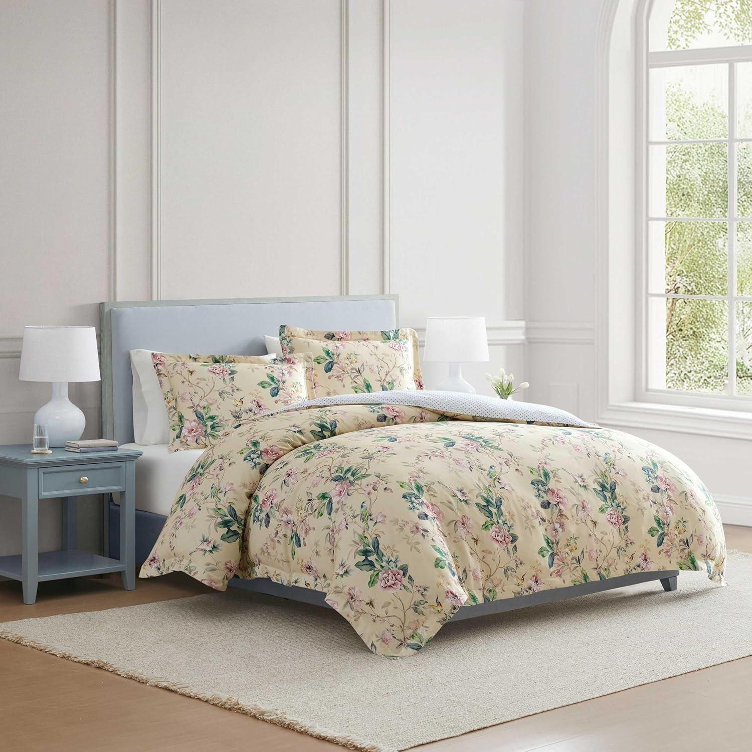 image:imageMartha Stewart Queen Comforter Set 100 Silky Smooth Cotton Sateen Floral Bedding for Year Round Comfort 3 Piece Bed Set with Matching Pillowcases Tea Rose PinkSongbird Yellow