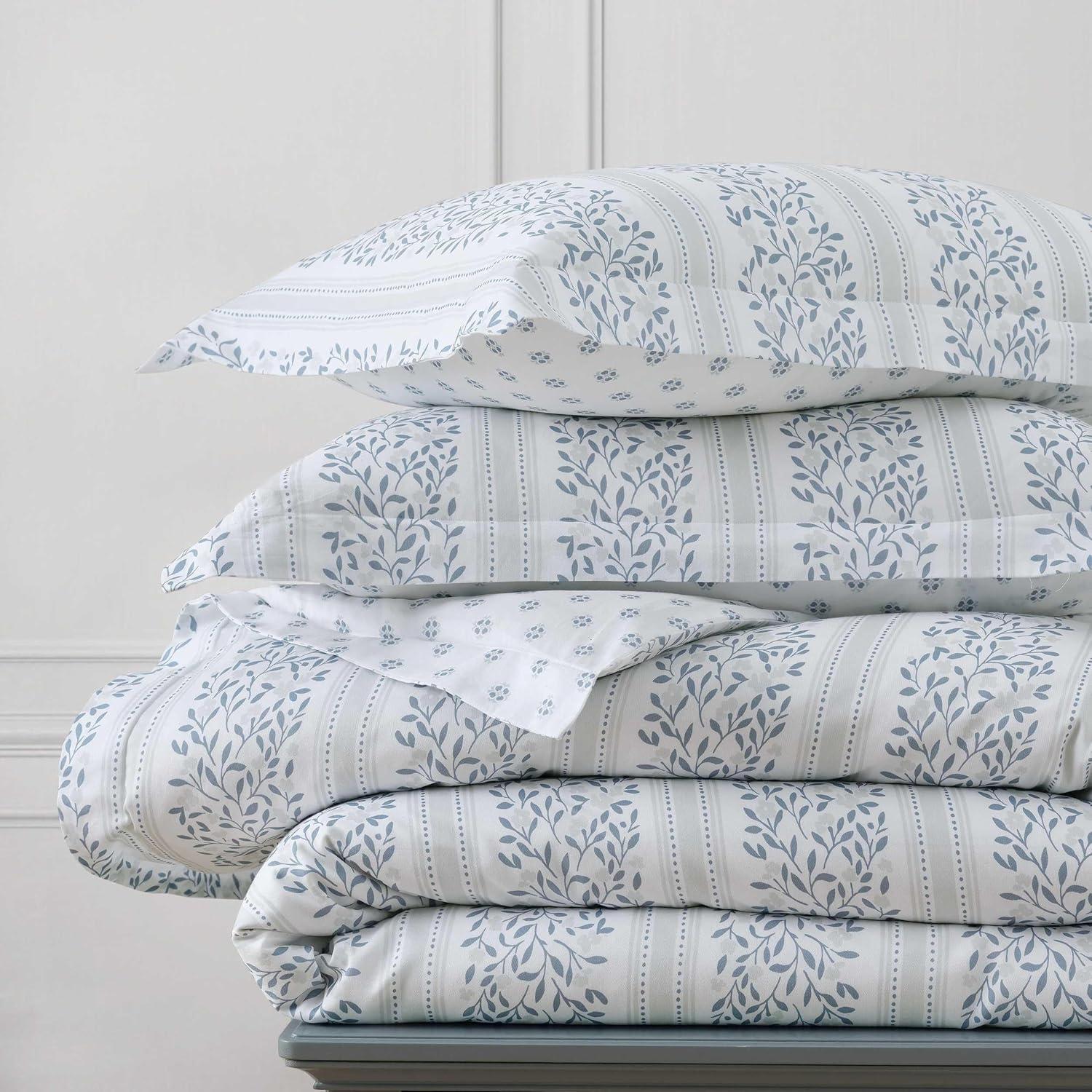 image:imageMartha Stewart Queen Comforter Set 100 Silky Smooth Cotton Sateen Floral Bedding for Year Round Comfort 3 Piece Bed Set with Matching Pillowcases Tea Rose PinkVerbena Stripe Blue