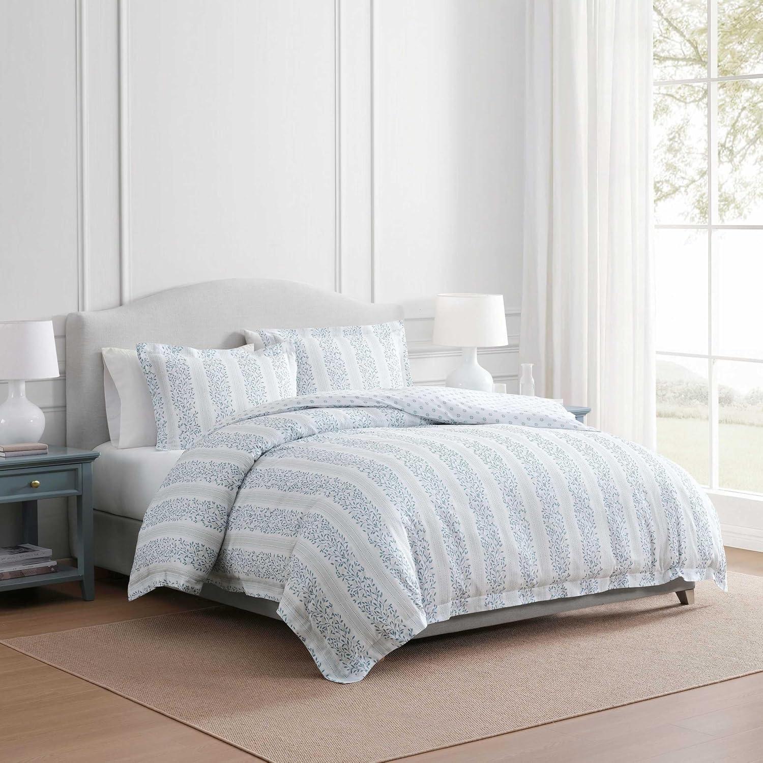 image:imageMartha Stewart Queen Comforter Set 100 Silky Smooth Cotton Sateen Floral Bedding for Year Round Comfort 3 Piece Bed Set with Matching Pillowcases Tea Rose PinkVerbena Stripe Blue