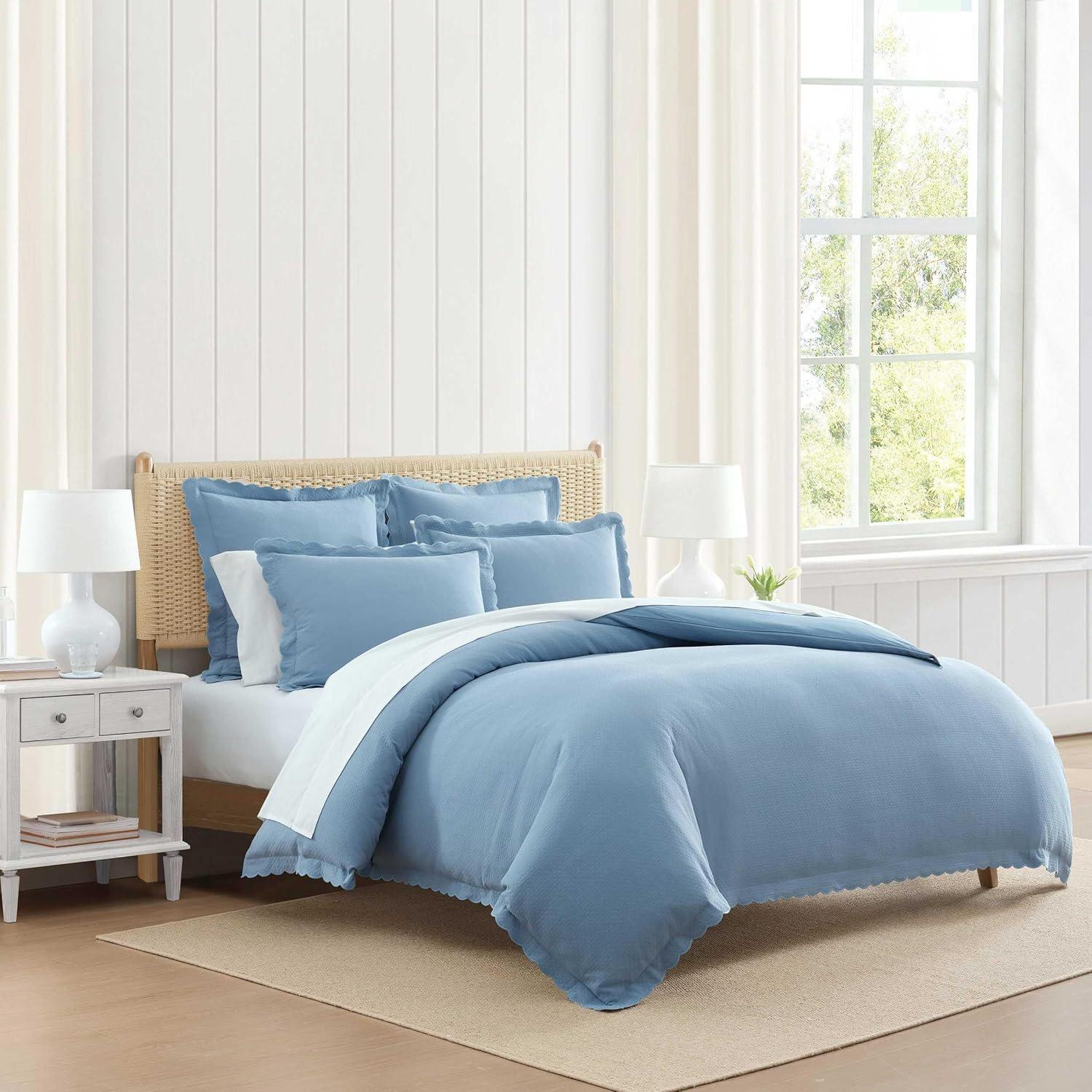 image:imageMartha Stewart Queen Duvet Cover Set 100 Soft Cotton Blend Bedding Corner Ties amp Button Closure 3 Piece Bed Set with Matching Pillowcases Scallop BlueBlue
