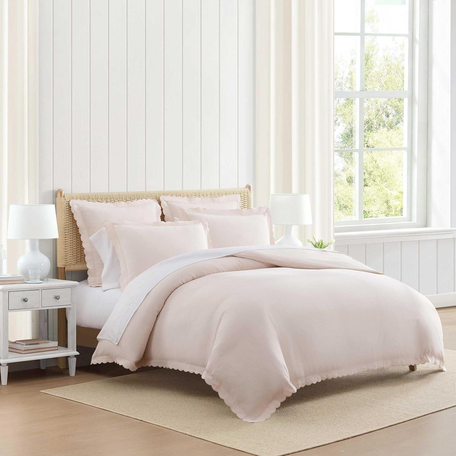 image:imageMartha Stewart Queen Duvet Cover Set 100 Soft Cotton Blend Bedding Corner Ties amp Button Closure 3 Piece Bed Set with Matching Pillowcases Scallop BluePink