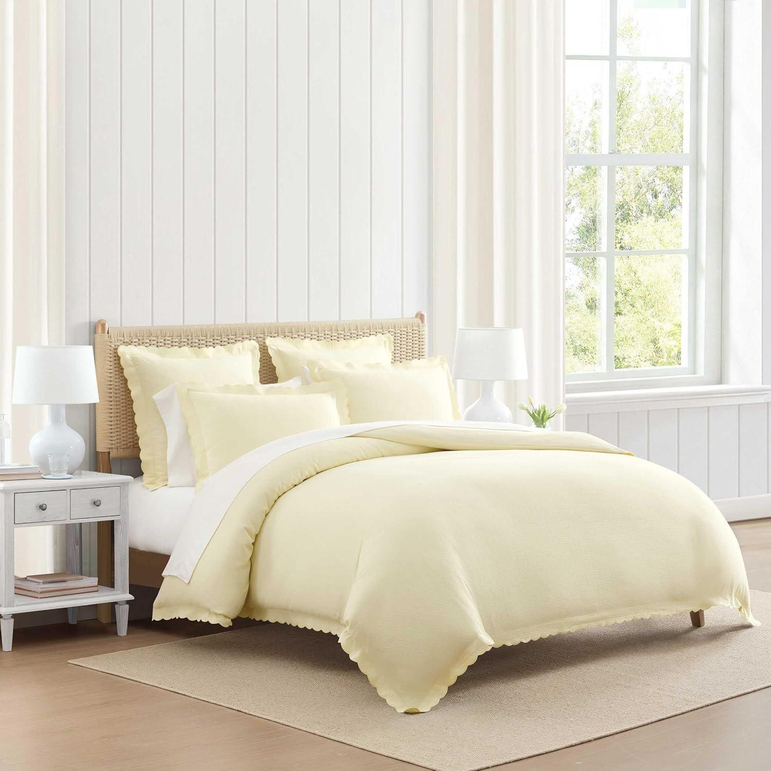 image:imageMartha Stewart Queen Duvet Cover Set 100 Soft Cotton Blend Bedding Corner Ties amp Button Closure 3 Piece Bed Set with Matching Pillowcases Scallop BlueWhite