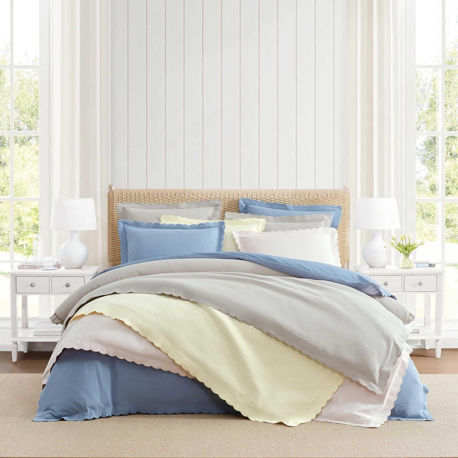image:imageMartha Stewart Queen Duvet Cover Set 100 Soft Cotton Blend Bedding Corner Ties amp Button Closure 3 Piece Bed Set with Matching Pillowcases Scallop BlueWhite