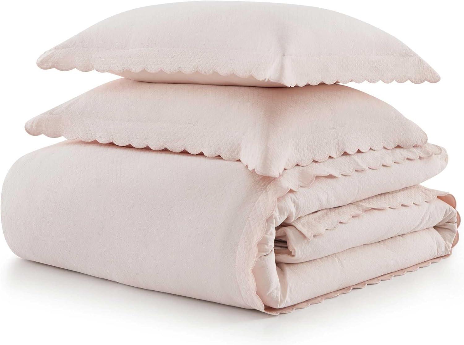 image:imageMartha Stewart Queen Duvet Cover Set 100 Soft Cotton Blend Bedding Corner Ties amp Button Closure 3 Piece Bed Set with Matching Pillowcases Scallop BluePink