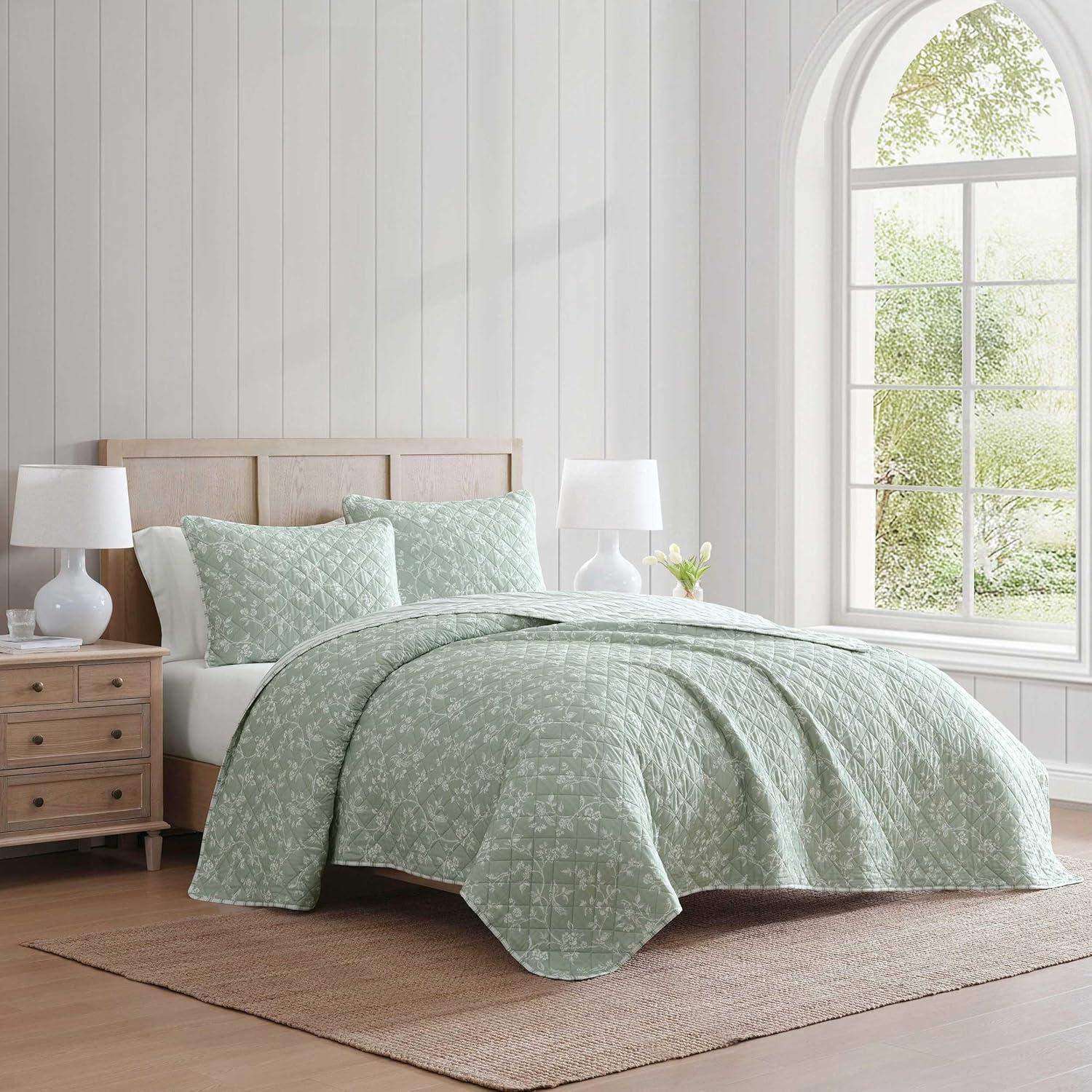 image:imageMartha Stewart Queen Quilt Set 100 Soft Cotton Floral Bedding for Year Round Comfort 3 Piece Bed Set with Matching Pillowcases Chloe GreenFrench Bird Floral Green