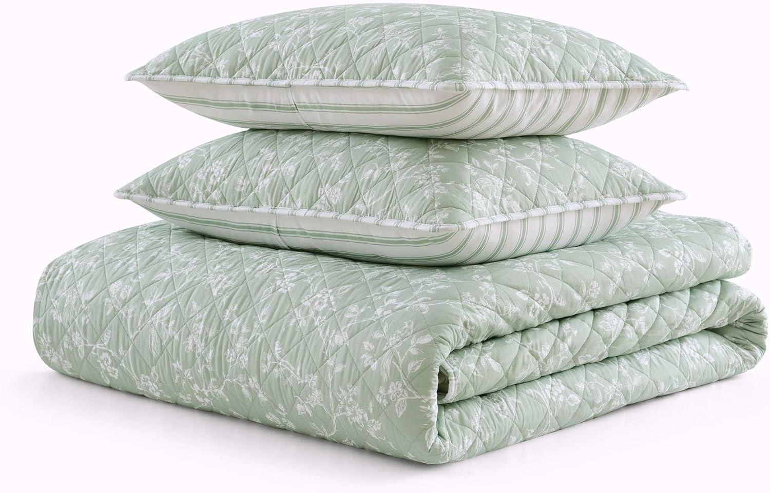 image:imageMartha Stewart Queen Quilt Set 100 Soft Cotton Floral Bedding for Year Round Comfort 3 Piece Bed Set with Matching Pillowcases Chloe GreenFrench Bird Floral Green