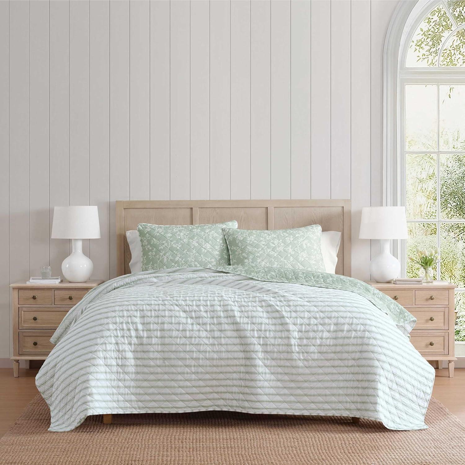 image:imageMartha Stewart Queen Quilt Set 100 Soft Cotton Floral Bedding for Year Round Comfort 3 Piece Bed Set with Matching Pillowcases Chloe GreenFrench Bird Floral Green