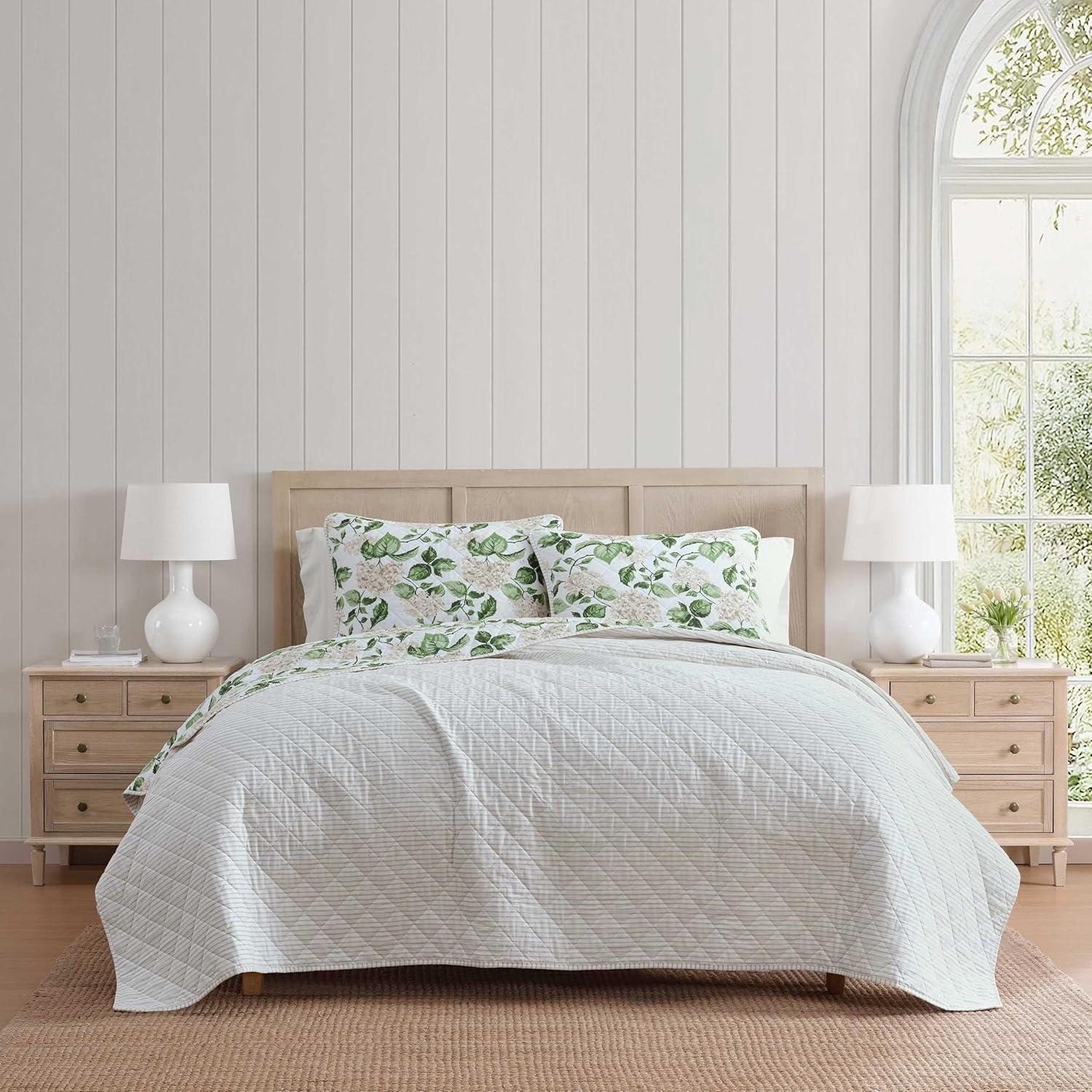 image:imageMartha Stewart Queen Quilt Set 100 Soft Cotton Floral Bedding for Year Round Comfort 3 Piece Bed Set with Matching Pillowcases Chloe GreenHydrangea Floral Beige