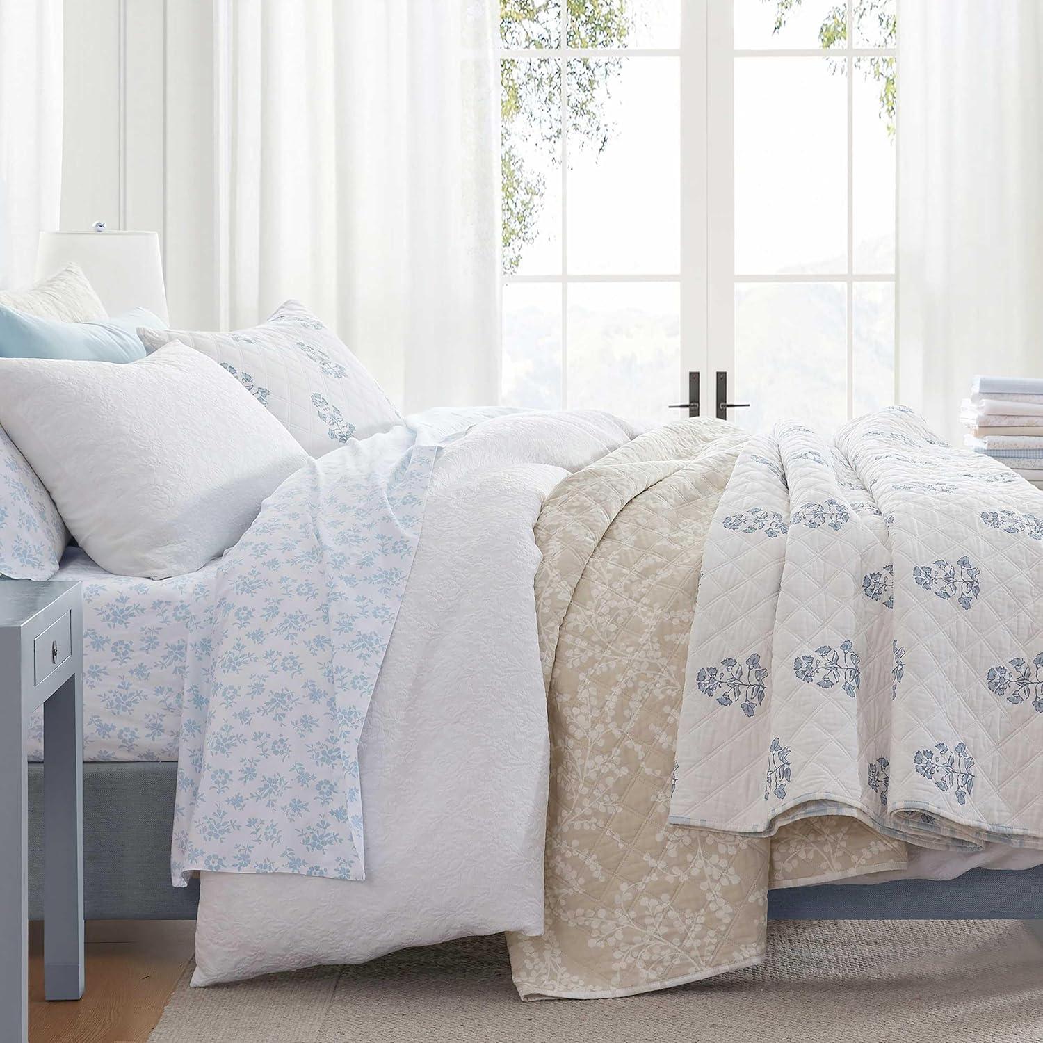 image:imageMartha Stewart Queen Quilt Set 100 Soft amp Breathable Bedding with a Lightweight Feel for Year Round Comfort 3 Piece Bed Set with Matching Pillowcases Olivia Gingham BlueLayered Branches Beige