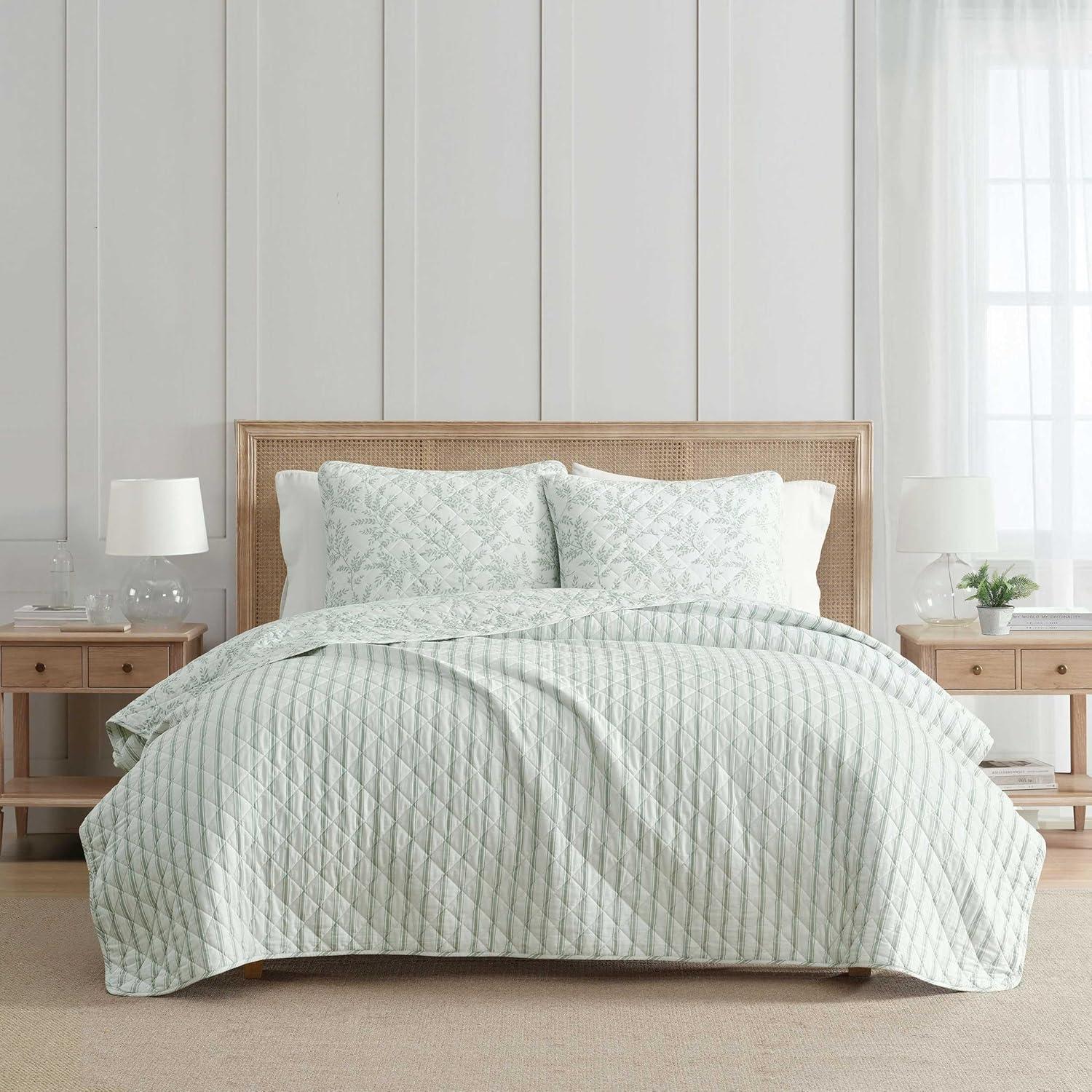 image:imageMartha Stewart Queen Quilt Set 100 Soft amp Breathable Bedding with a Lightweight Feel for Year Round Comfort 3 Piece Bed Set with Matching Pillowcases Olivia Gingham BlueMurray Leaves Green