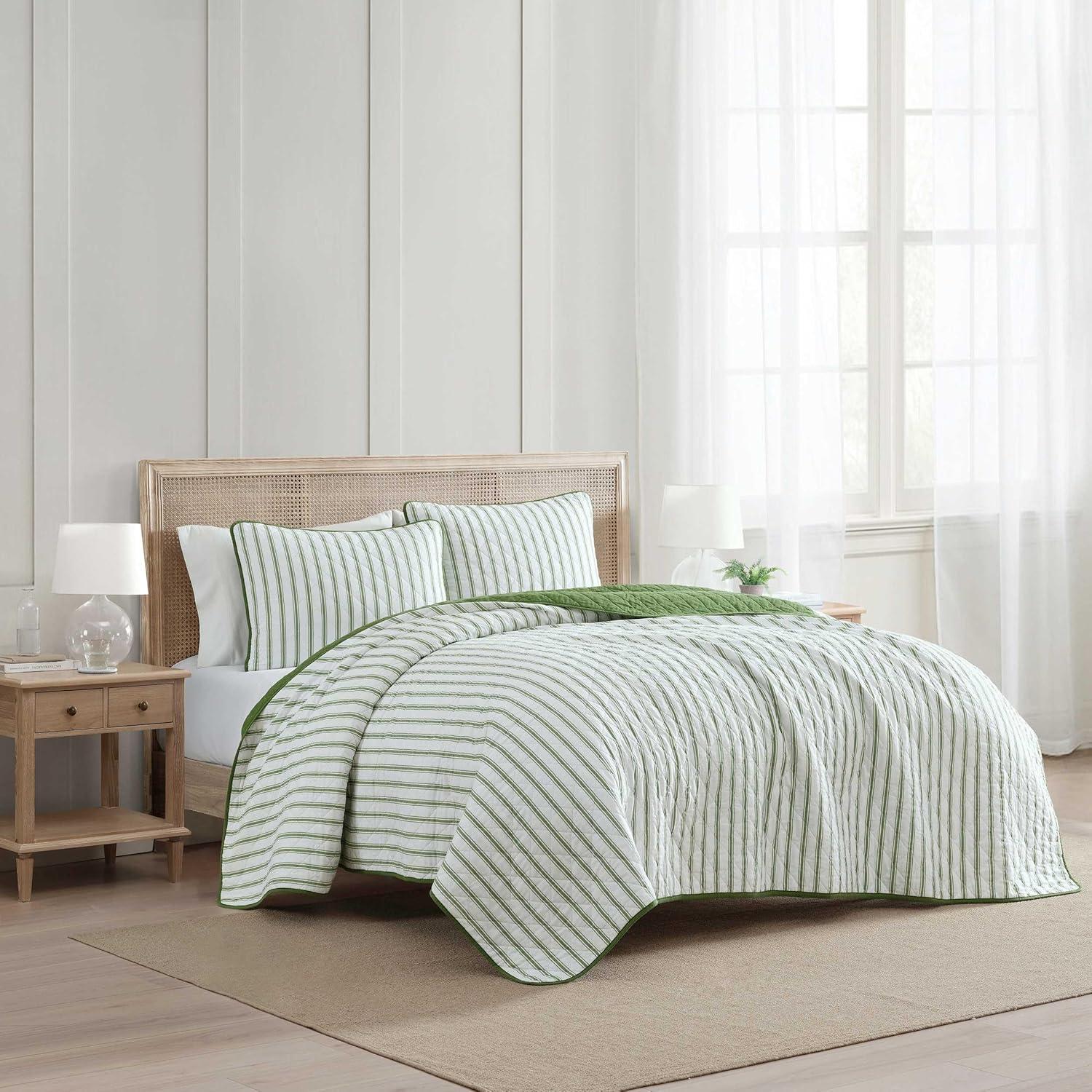 image:imageMartha Stewart Queen Quilt Set 100 Soft amp Breathable Bedding with a Lightweight Feel for Year Round Comfort 3 Piece Bed Set with Matching Pillowcases Olivia Gingham BlueTicking Stripe Green