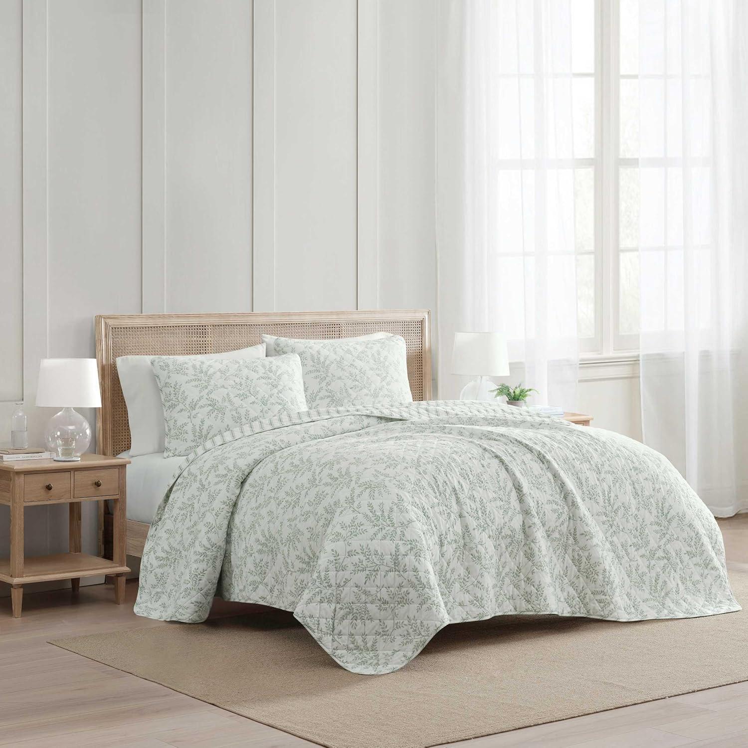 image:imageMartha Stewart Queen Quilt Set 100 Soft amp Breathable Bedding with a Lightweight Feel for Year Round Comfort 3 Piece Bed Set with Matching Pillowcases Olivia Gingham BlueMurray Leaves Green