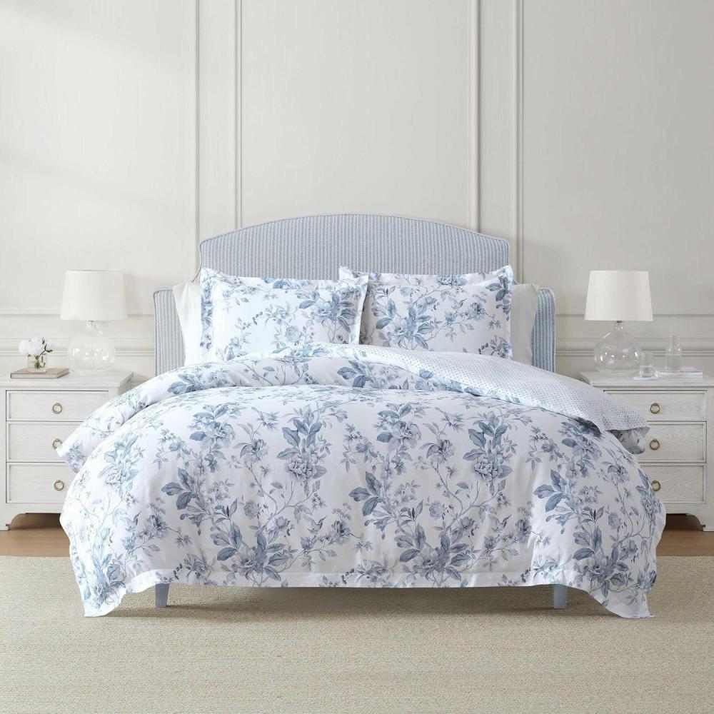 image:imageMartha Stewart Queen Comforter Set 100 Silky Smooth Cotton Sateen Floral Bedding for Year Round Comfort 3 Piece Bed Set with Matching Pillowcases Tea Rose PinkSongbird Blue