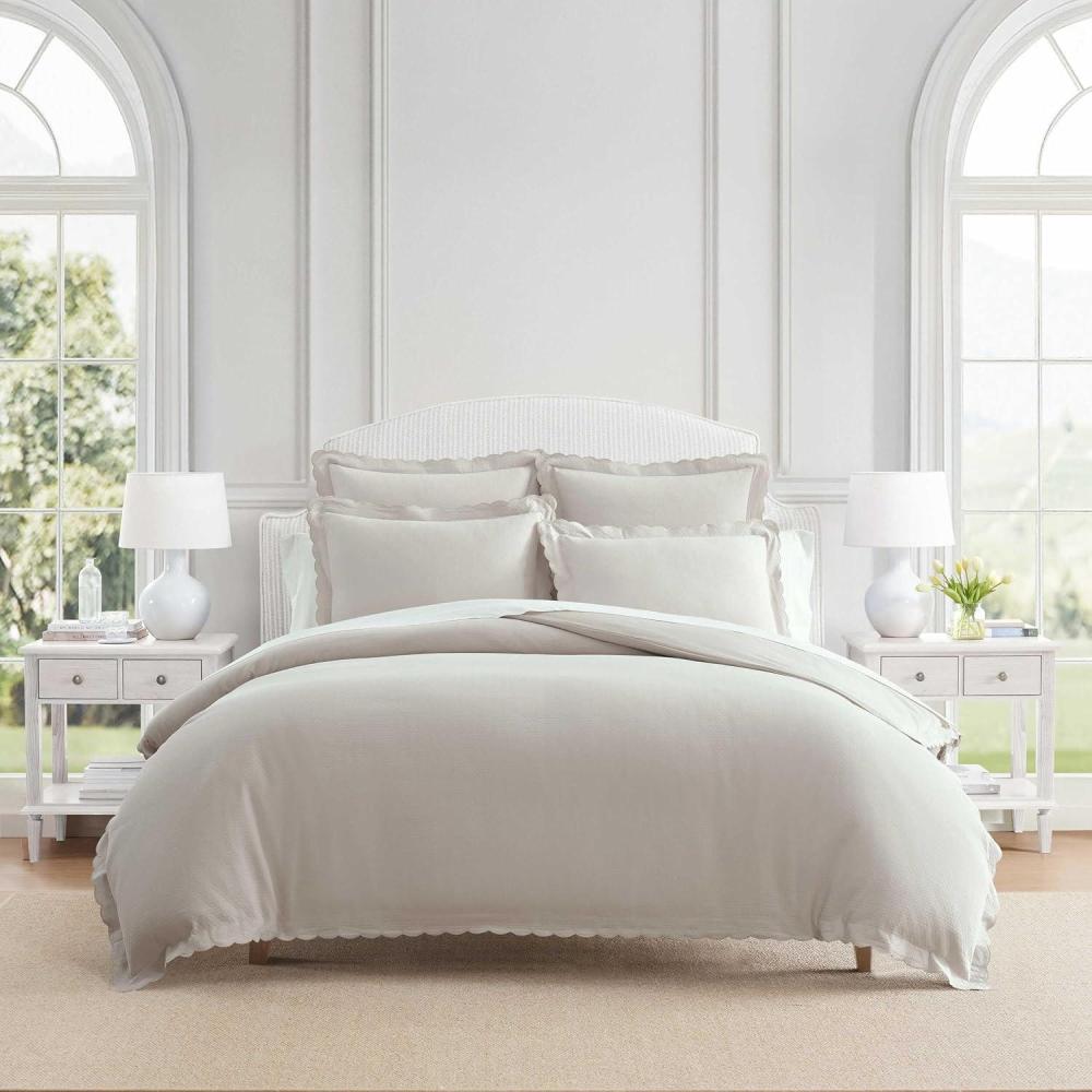 image:imageMartha Stewart Queen Duvet Cover Set 100 Soft Cotton Blend Bedding Corner Ties amp Button Closure 3 Piece Bed Set with Matching Pillowcases Scallop BlueGrey