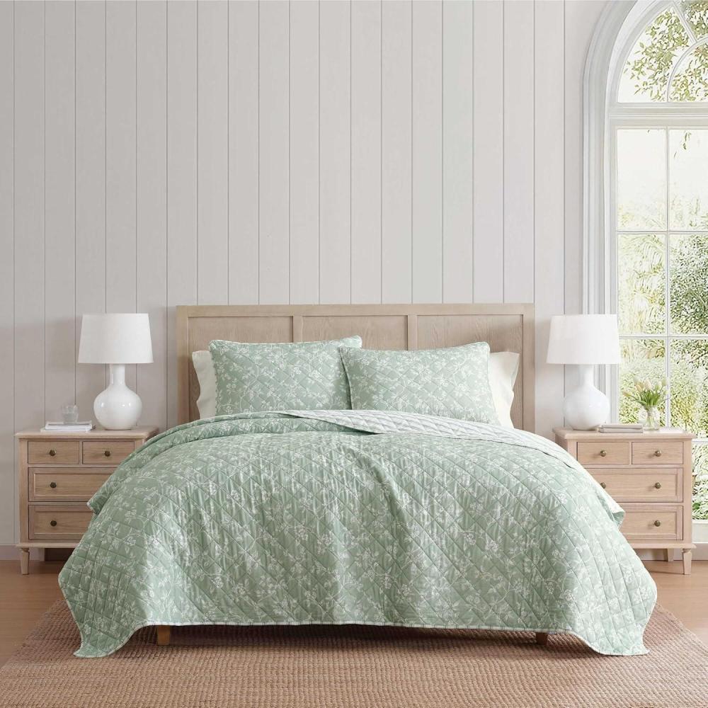 image:imageMartha Stewart Queen Quilt Set 100 Soft Cotton Floral Bedding for Year Round Comfort 3 Piece Bed Set with Matching Pillowcases Chloe GreenFrench Bird Floral Green
