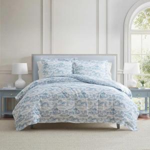 Martha Stewart – Queen Comforter Set, 100% Silky Smooth Cotton Sateen Floral Bedding for Year Round Comfort, 3 Piece Bed Set with Matching Pillowcases (Tea Rose Pink)(Farmhouse Toile Blue)
