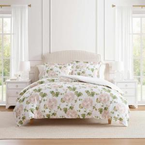 Martha Stewart – Queen Comforter Set, 100% Silky Smooth Cotton Sateen Floral Bedding for Year Round Comfort, 3 Piece Bed Set with Matching Pillowcases (Tea Rose Pink)(Geranium Bloom Pink)
