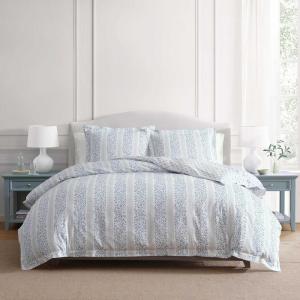 Martha Stewart – Queen Comforter Set, 100% Silky Smooth Cotton Sateen Floral Bedding for Year Round Comfort, 3 Piece Bed Set with Matching Pillowcases (Tea Rose Pink)(Verbena Stripe Blue)