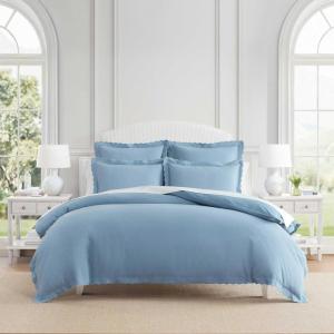 Martha Stewart – Queen Duvet Cover Set, 100% Soft Cotton Blend Bedding, Corner Ties & Button Closure, 3 Piece Bed Set with Matching Pillowcases (Scallop Blue)(Blue)