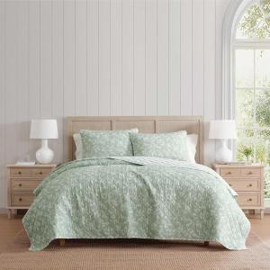 Martha Stewart – Queen Quilt Set, 100% Soft Cotton Floral Bedding for Year Round Comfort, 3 Piece Bed Set with Matching Pillowcases (Chloe Green)(French Bird Floral Green)