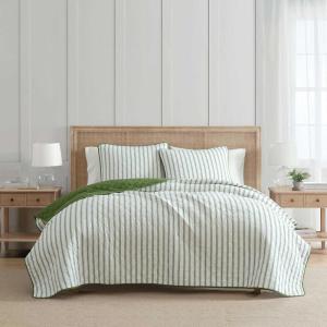 Martha Stewart – Queen Quilt Set, 100% Soft & Breathable Bedding with a Lightweight Feel for Year Round Comfort, 3 Piece Bed Set with Matching Pillowcases (Olivia Gingham Blue)(Ticking Stripe Green)