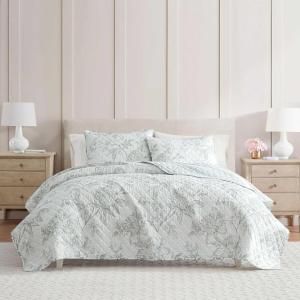 Martha Stewart – Queen Quilt Set, 100% Soft & Breathable Bedding with a Lightweight Feel for Year Round Comfort, 3 Piece Bed Set with Matching Pillowcases (Olivia Gingham Blue)(Vine Flora Green)