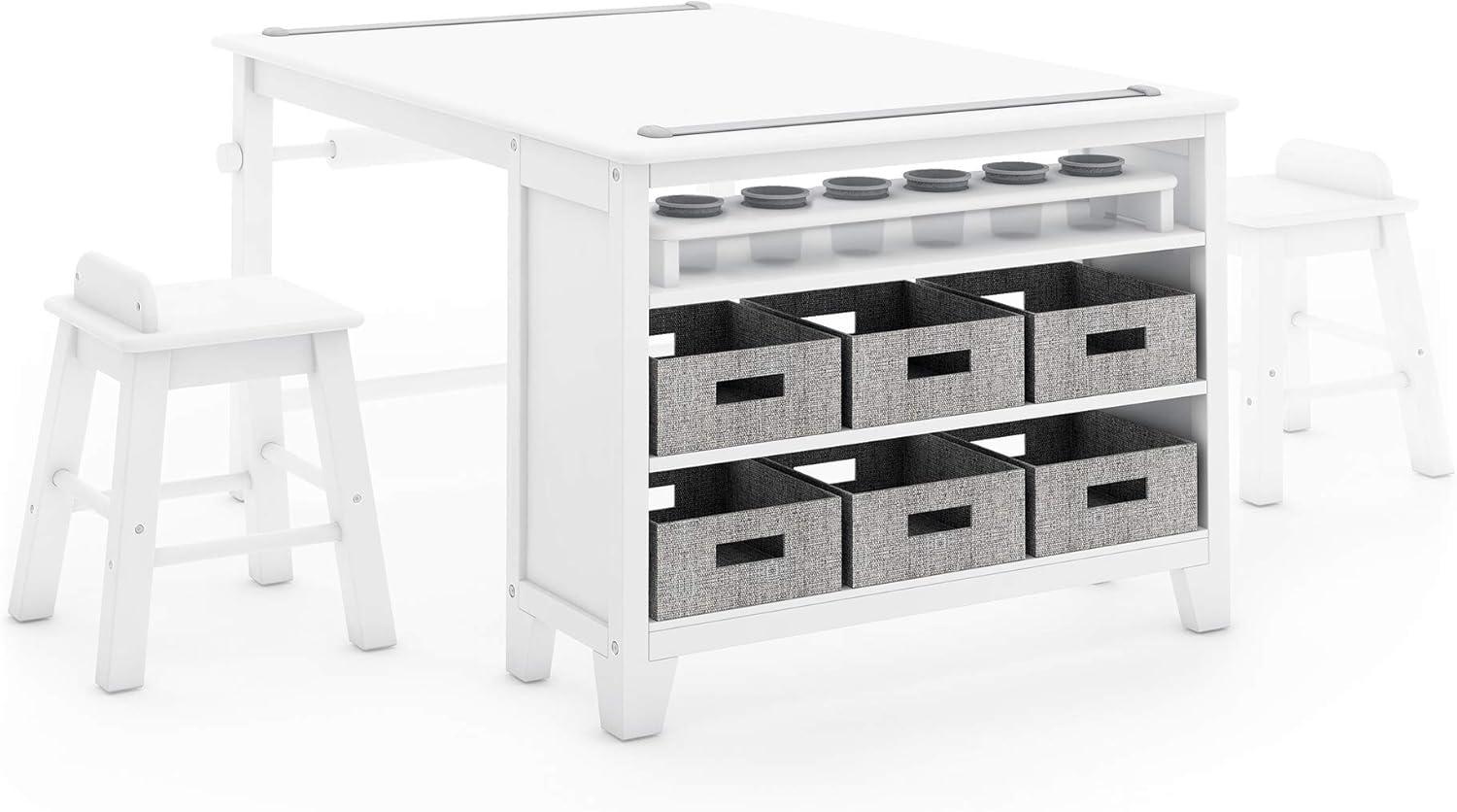 image:imageMartha Stewart Kids Art Table and Stools Set Gray Wooden Kids Activity Table and Chairs Set wStorage Bins Paper Roll for Coloring amp Craft Activities Study amp Play Desk for Playroom FurnitureLinen White