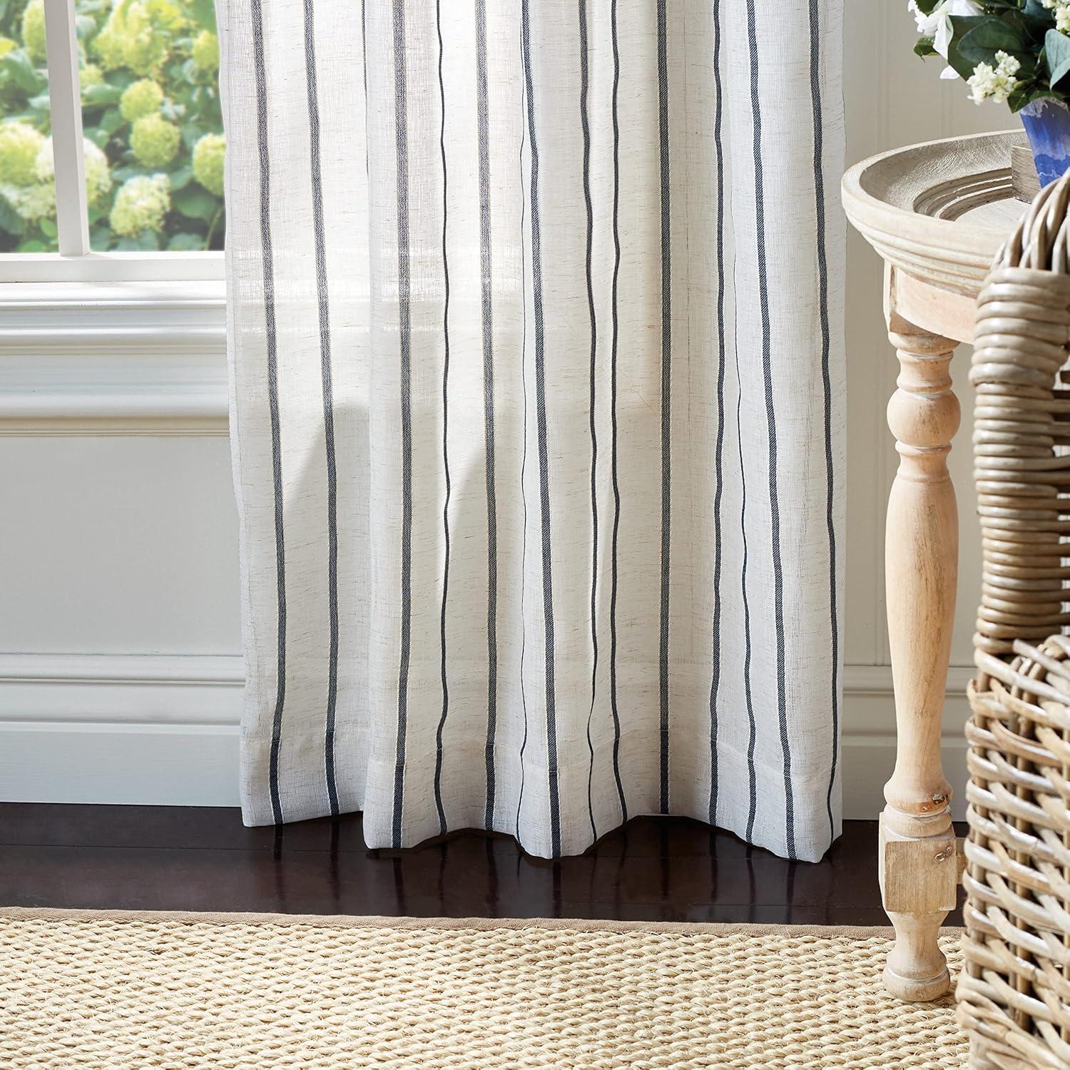 image:imageMartha Stewart Laguna Stripe SemiSheer Tie Tab Window Curtain Panel Pair 95 GreyNavy