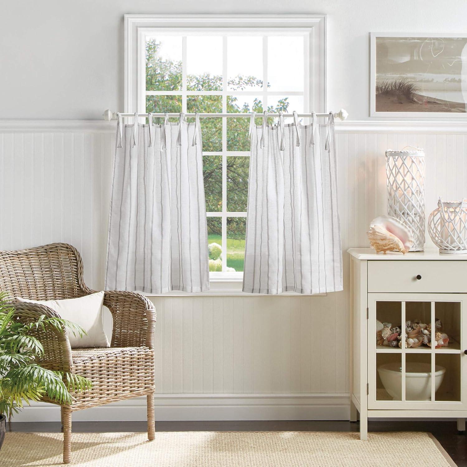 image:imageMartha Stewart Laguna Stripe SemiSheer Tie Tab Window Curtain Valance and Tiers Set GreyMocha