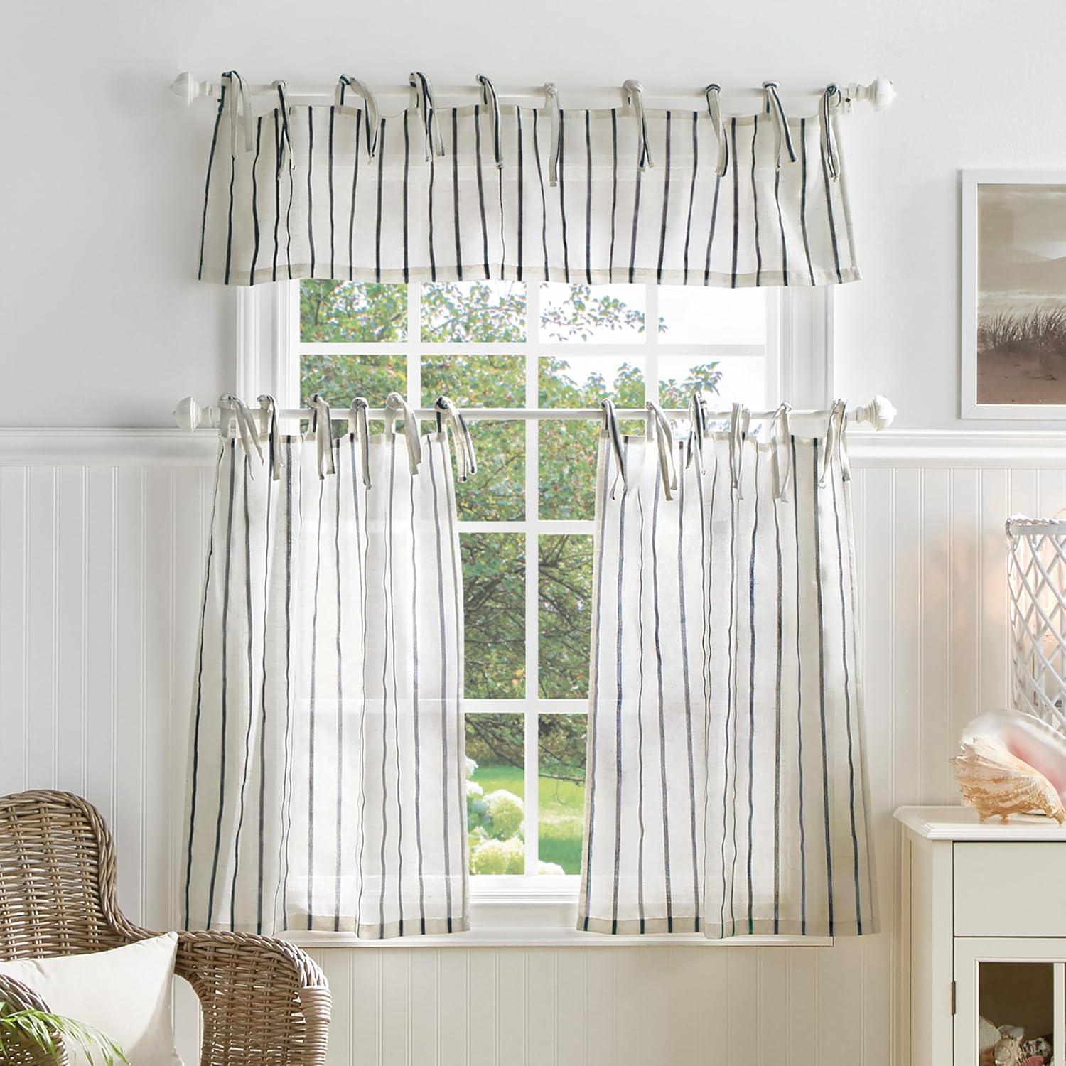 image:imageMartha Stewart Laguna Stripe SemiSheer Tie Tab Window Curtain Valance and Tiers Set GreyNavy Stripes