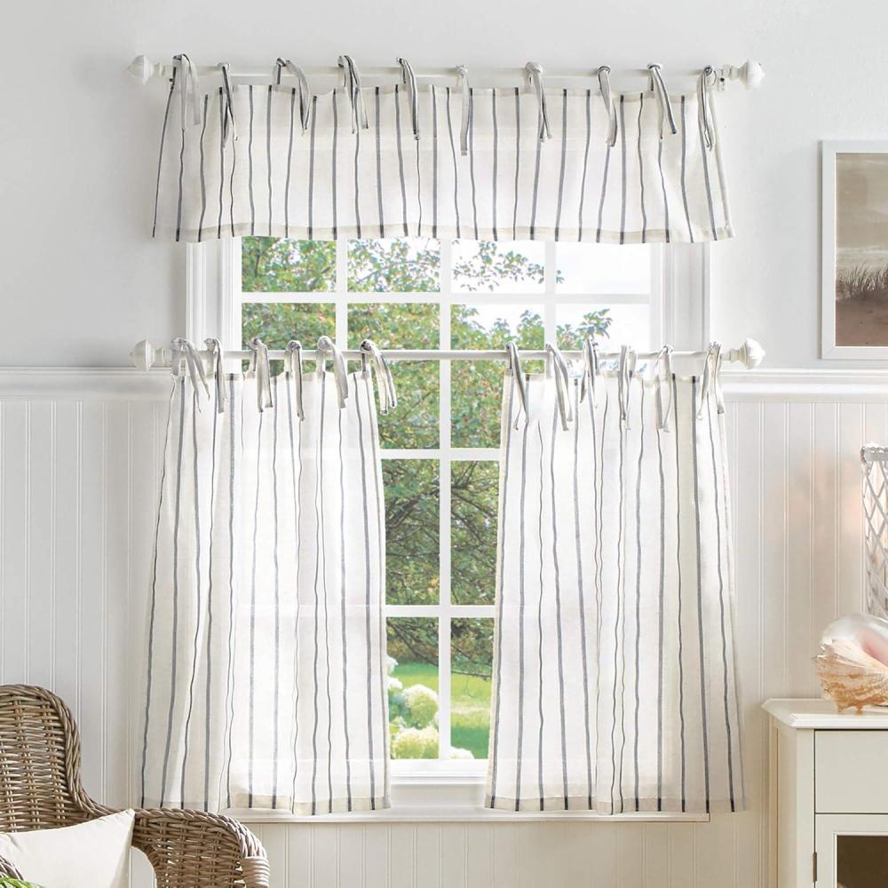 image:imageMartha Stewart Laguna Stripe SemiSheer Tie Tab Window Curtain Valance and Tiers Set GreyGrey