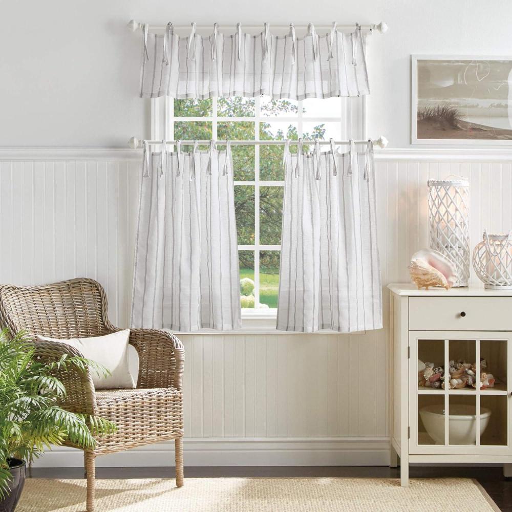 image:imageMartha Stewart Laguna Stripe SemiSheer Tie Tab Window Curtain Valance and Tiers Set GreyMocha