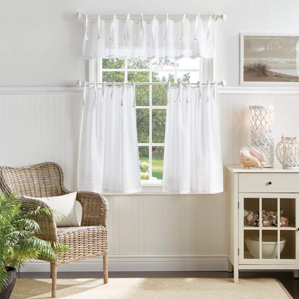 image:imageMartha Stewart Laguna Stripe SemiSheer Tie Tab Window Curtain Valance and Tiers Set GreyWhite